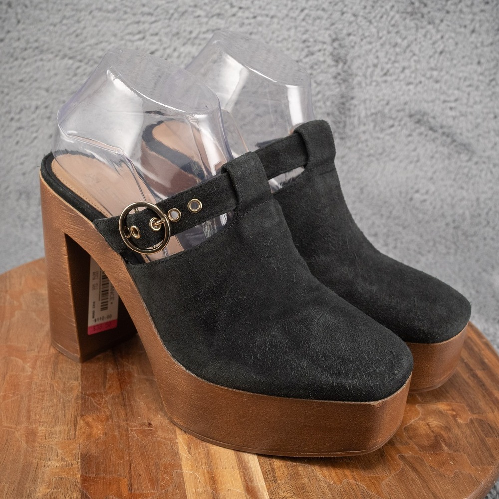 GIANNI BINI Sotelo Black Suede Mule Gold Buckle‎ Platform Festival Boho Clogs 9M